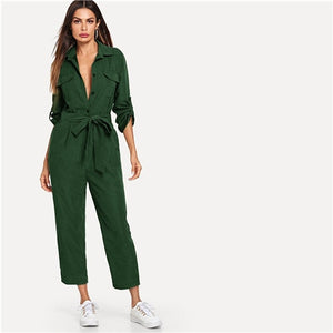 SHEIN Roll Tab Sleeve Button Front Self Belted Jumpsuit Long Sleeve Women Spring Highstreet Casual Maxi Pants Jumpsuit