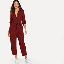 Load image into Gallery viewer, SHEIN Roll Tab Sleeve Button Front Self Belted Jumpsuit Long Sleeve Women Spring Highstreet Casual Maxi Pants Jumpsuit