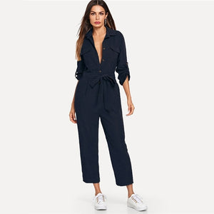 SHEIN Roll Tab Sleeve Button Front Self Belted Jumpsuit Long Sleeve Women Spring Highstreet Casual Maxi Pants Jumpsuit