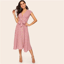 Load image into Gallery viewer, SHEIN Vintage Polka-dot Print Belted Shirt Button Dress Women 2019 Summer Cap Sleeve V Neck Long Solid Shift Dresses