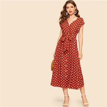 Load image into Gallery viewer, SHEIN Vintage Polka-dot Print Belted Shirt Button Dress Women 2019 Summer Cap Sleeve V Neck Long Solid Shift Dresses