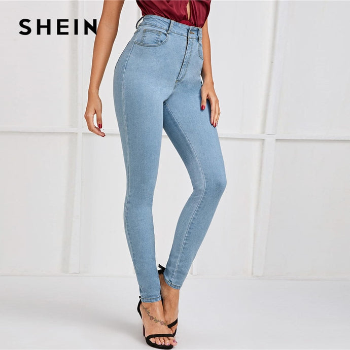 SHEIN Light Blue Wash Button Fly Skinny Casual Jeans Women Bottoms 2019 Autumn Streetwear High Waist Fashion Long Denim Trousers