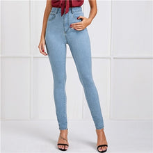 Load image into Gallery viewer, SHEIN Light Blue Wash Button Fly Skinny Casual Jeans Women Bottoms 2019 Autumn Streetwear High Waist Fashion Long Denim Trousers