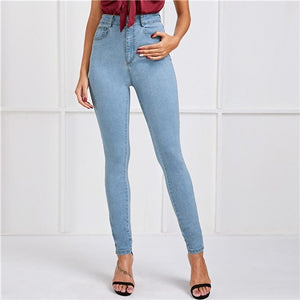 SHEIN Light Blue Wash Button Fly Skinny Casual Jeans Women Bottoms 2019 Autumn Streetwear High Waist Fashion Long Denim Trousers