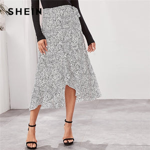 SHEIN Black And White Dalmatian Asymmetrical Wrap Belted Boho Skirt Women Bottoms 2019 Autumn High Waist Ruffle Hem Skirts