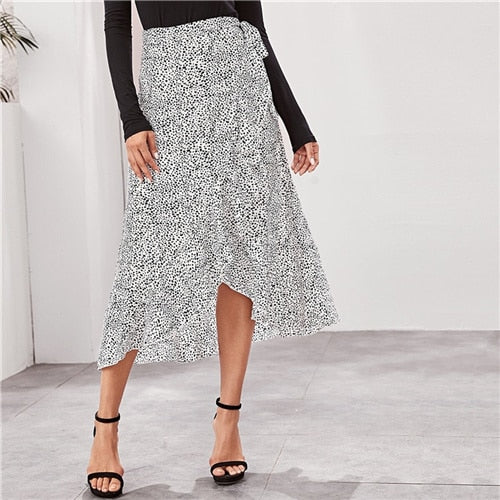 SHEIN Black And White Dalmatian Asymmetrical Wrap Belted Boho Skirt Women Bottoms 2019 Autumn High Waist Ruffle Hem Skirts