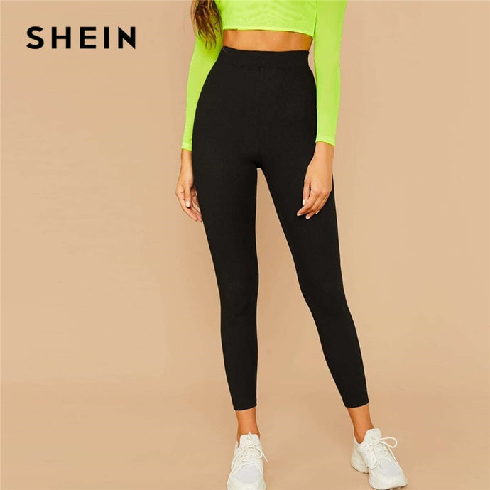 SHEIN Black Solid Ribbed Knit Skinny Basic Leggings Women Bottoms 2019 Autumn Active Wear Stretchy Cropped Casual Trousers