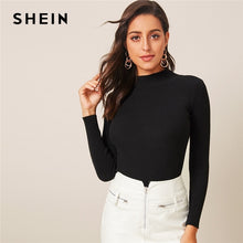 Load image into Gallery viewer, SHEIN Solid Stand Collar Ribbed Knit Autumn Casual Sweater Women Tops 2019 Winter Long Sleeve Form Fitted Ladies Basic Sweaters