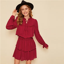 Load image into Gallery viewer, SHEIN Black Frill Tie Neck Ruffle Trim Layered Mesh Party Mini Dress Women Autumn Stand Collar Shift Ladies Elegant Dresses