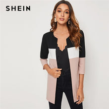 Load image into Gallery viewer, SHEIN Colorblock Round Neck Cut And Sew Open Front Basic Coat Women 2019 Autumn 3/4 Length Sleeve Ladies Casual Outwear Coats