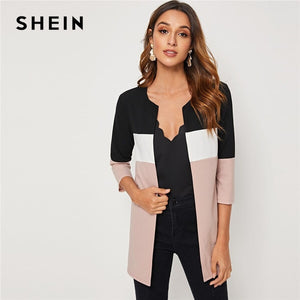 SHEIN Colorblock Round Neck Cut And Sew Open Front Basic Coat Women 2019 Autumn 3/4 Length Sleeve Ladies Casual Outwear Coats