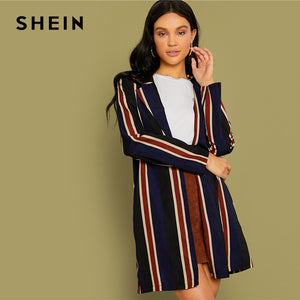 SHEIN Multicolor Notch Collar Striped Long Coat Women Spring Autumn Lapel Collar Long Sleeve Casual Outwear Coats