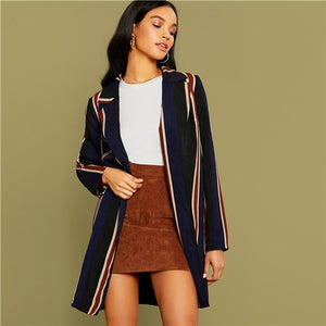 SHEIN Multicolor Notch Collar Striped Long Coat Women Spring Autumn Lapel Collar Long Sleeve Casual Outwear Coats