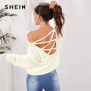 SHEIN Beige Solid Lace Up Backless Sweater Women Autumn Winter V Neck Long Sleeve Highstreet Sexy Sweaters