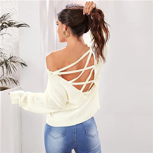 SHEIN Beige Solid Lace Up Backless Sweater Women Autumn Winter V Neck Long Sleeve Highstreet Sexy Sweaters