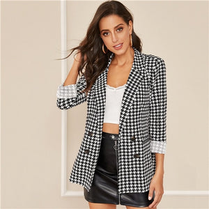 SHEIN Black and White Notch Collar Double Breasted Houndstooth Blazer Women Autumn Classy Office Ladies Elegant Blazer Coats