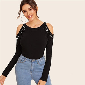 SHEIN Black Cold Shoulder Pearls Beaded Detail Rib-knit Top Women Elegant T-Shirt Autumn Long Sleeve Slim Fitted Solid Tees