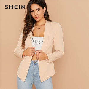 SHEIN Solid Shawl Collar Form Fitted Elegant Blazer Women 2019 Autumn Long Sleeve Office Ladies Open Front Basic Blazer Coats