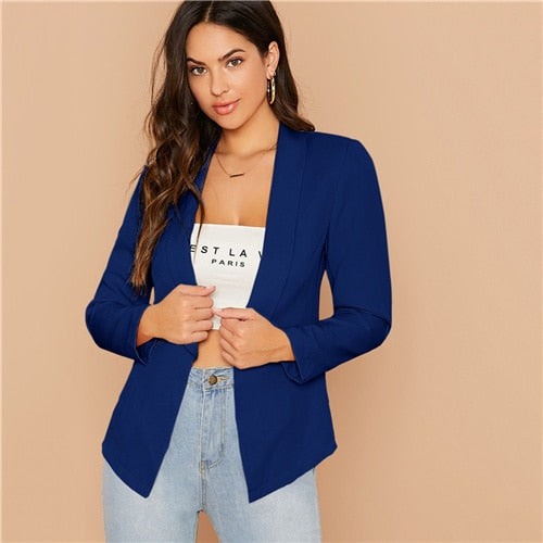 SHEIN Solid Shawl Collar Form Fitted Elegant Blazer Women 2019 Autumn Long Sleeve Office Ladies Open Front Basic Blazer Coats