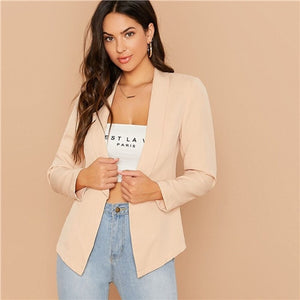 SHEIN Solid Shawl Collar Form Fitted Elegant Blazer Women 2019 Autumn Long Sleeve Office Ladies Open Front Basic Blazer Coats