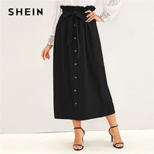 Load image into Gallery viewer, SHEIN Paperbag Waist Button Front Casual Skirt With Belt Women Bottoms 2019 Autumn High Waist Solid Long Skirts For Ladies