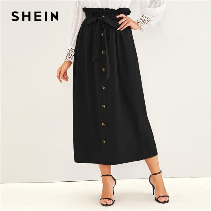 SHEIN Paperbag Waist Button Front Casual Skirt With Belt Women Bottoms 2019 Autumn High Waist Solid Long Skirts For Ladies