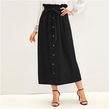 Load image into Gallery viewer, SHEIN Paperbag Waist Button Front Casual Skirt With Belt Women Bottoms 2019 Autumn High Waist Solid Long Skirts For Ladies