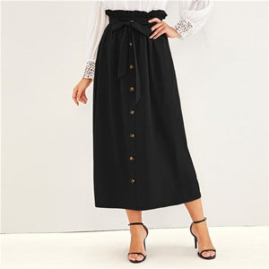 SHEIN Paperbag Waist Button Front Casual Skirt With Belt Women Bottoms 2019 Autumn High Waist Solid Long Skirts For Ladies