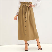 Load image into Gallery viewer, SHEIN Paperbag Waist Button Front Casual Skirt With Belt Women Bottoms 2019 Autumn High Waist Solid Long Skirts For Ladies