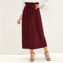 Load image into Gallery viewer, SHEIN Paperbag Waist Button Front Casual Skirt With Belt Women Bottoms 2019 Autumn High Waist Solid Long Skirts For Ladies