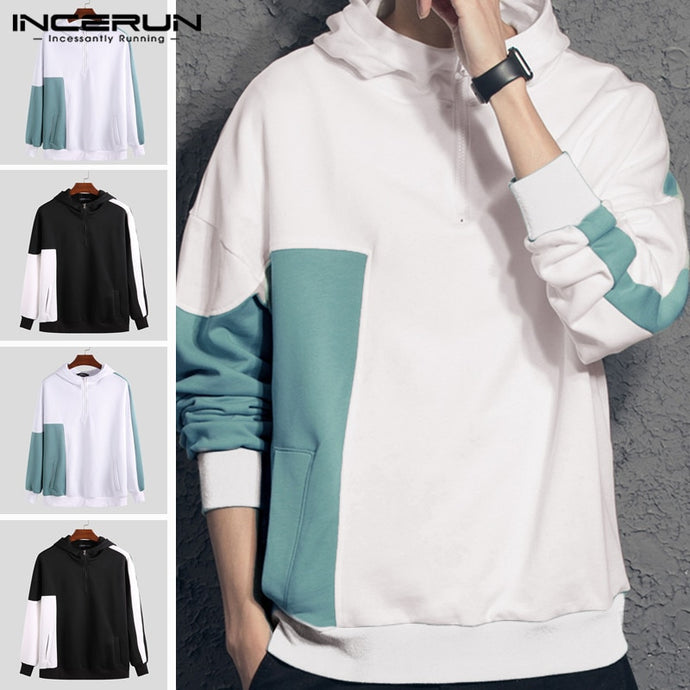 INCERUN Men Long Sleeve Patchwork Hooded Pullover Autumn Winter Warm Comfortable Mens Sweatshirt Casual Baggy Hoodies Plus Size