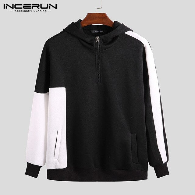 INCERUN Men Long Sleeve Patchwork Hooded Pullover Autumn Winter Warm Comfortable Mens Sweatshirt Casual Baggy Hoodies Plus Size