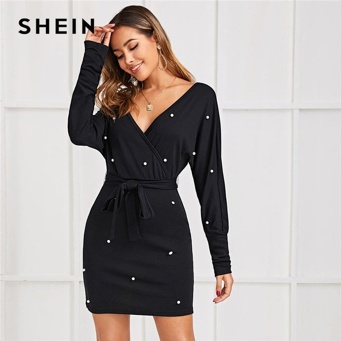 SHEIN Black Deep V neck Pearls Beading Belted Elegant Dress Women 2019 Autumn High Waist Batwing Sleeve Wrap Bodycon Dresses