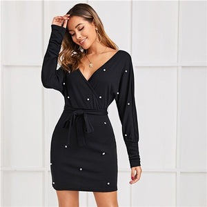 SHEIN Black Deep V neck Pearls Beading Belted Elegant Dress Women 2019 Autumn High Waist Batwing Sleeve Wrap Bodycon Dresses