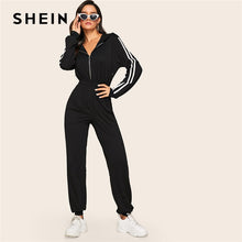 Load image into Gallery viewer, SHEIN Black Striped Side Zip Front Drawstring Hooded Jumpsuit Women Autumn Sporting Long Sweatpants High Waist Casual Jumpsuits