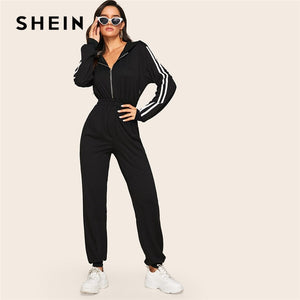 SHEIN Black Striped Side Zip Front Drawstring Hooded Jumpsuit Women Autumn Sporting Long Sweatpants High Waist Casual Jumpsuits