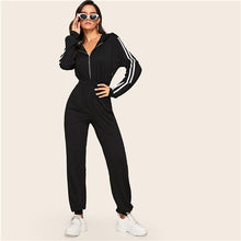 Load image into Gallery viewer, SHEIN Black Striped Side Zip Front Drawstring Hooded Jumpsuit Women Autumn Sporting Long Sweatpants High Waist Casual Jumpsuits