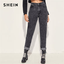 Load image into Gallery viewer, SHEIN Grey Button Front Boyfriend Casual Jeans Women Bottoms 2019 Autumn Streetwear  Mid Waist Fashion Long Denim Trousers