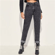 Load image into Gallery viewer, SHEIN Grey Button Front Boyfriend Casual Jeans Women Bottoms 2019 Autumn Streetwear  Mid Waist Fashion Long Denim Trousers