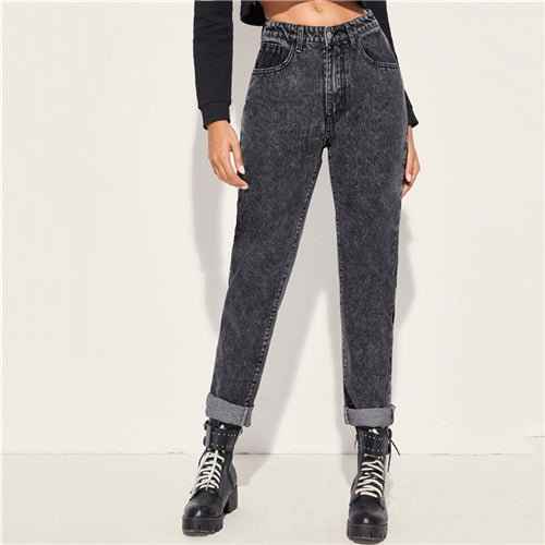 SHEIN Grey Button Front Boyfriend Casual Jeans Women Bottoms 2019 Autumn Streetwear  Mid Waist Fashion Long Denim Trousers