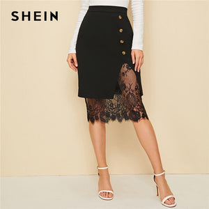 SHEIN Black Eyelash Lace Trim Button Side Pencil Skirt Women 2019 Autumn High Waist Contrast Lace Sheer Elegant Midi Skirts