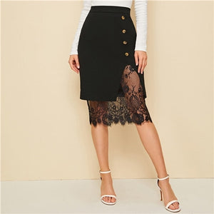 SHEIN Black Eyelash Lace Trim Button Side Pencil Skirt Women 2019 Autumn High Waist Contrast Lace Sheer Elegant Midi Skirts