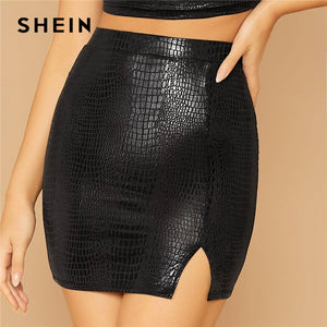 SHEIN Black Split Side Snake Embossed Party Bodycon Skirt Women 2019 Autumn High Waist Night Out Form Fitted Mini Sexy Skirts