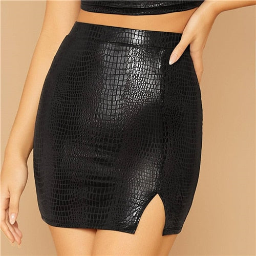 SHEIN Black Split Side Snake Embossed Party Bodycon Skirt Women 2019 Autumn High Waist Night Out Form Fitted Mini Sexy Skirts