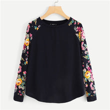 Load image into Gallery viewer, SHEIN Floral Raglan Sleeve Curved Hem Womens Tee Shirts Autumn Womens T shirts Casual Ladies Black Long Sleeve T shirt