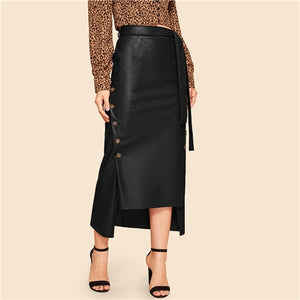 SHEIN Brown Elegant Split Hem Front Double Button Belted Leather Look Long Skirt Office Lady Solid Workwear Maxi Skirts