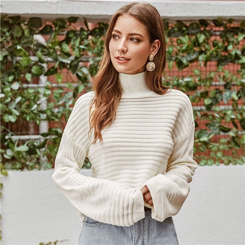 SHEIN White Solid High Neck Drop Shoulder Winter Sweater Women Tops 2019 Autumn Highstreet Long Sleeve Basic Casual Sweaters