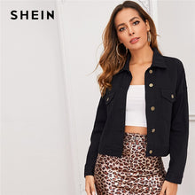 Load image into Gallery viewer, SHEIN Black Single Breasted Button Front Denim Jacket Coat Women 2019 Autumn Streetwear Pocket Patch Casual Outwear For Ladies