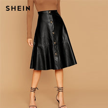 Load image into Gallery viewer, SHEIN Black Solid Single Breasted Leather Elegant Midi Skirt Women 2019 Autumn High Waist Office Ladies A Line Flared Skirts