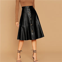 Load image into Gallery viewer, SHEIN Black Solid Single Breasted Leather Elegant Midi Skirt Women 2019 Autumn High Waist Office Ladies A Line Flared Skirts